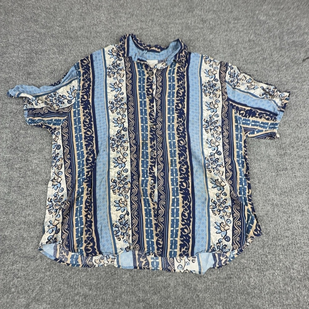 Kathie Lee Shirt Womens 2X Blue Striped Button Front Short Sleeve Tunic Rayon